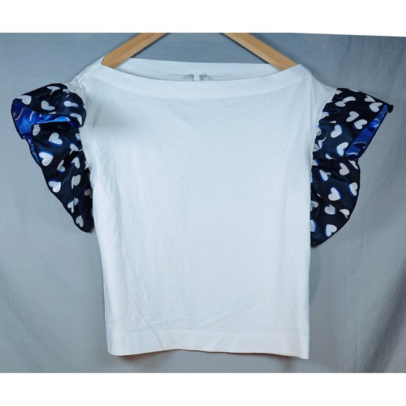 Claudie Pierlot Tops - Claudie Pierlot White Boatneck Top Navy Heart Print Ruffle Cap Sleeve Size 1